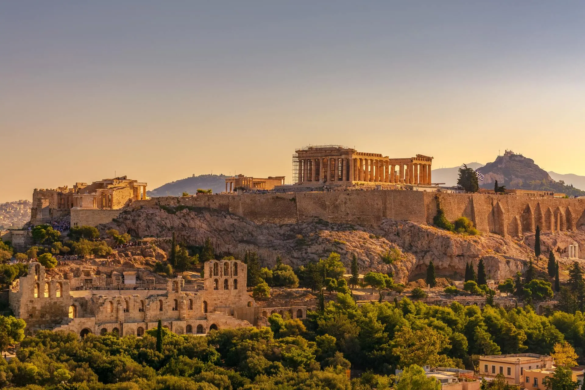 Ondergaande zon bij Acropolis Athene