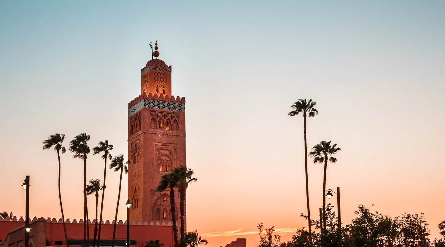 Zonsondergang Koutoubia moskee, Marrakech, Marokko