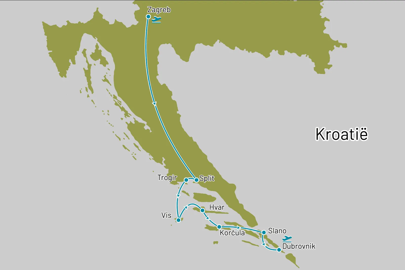 10 dagen over land en zee van Zagreb naar Dubrovnik  Route