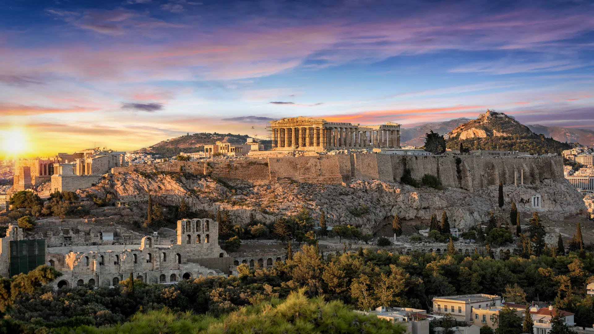 Zonsondergang Parthenon Tempel, Acropolis, Athens, Attica, Griekenland