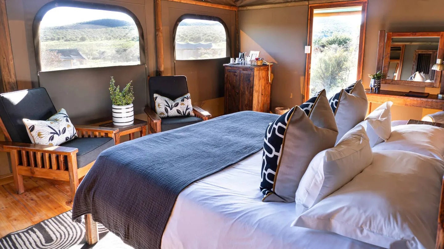 &Olives Travel-Zuid-Afrika-Oudtshoorn-Buffelsdrift game lodge-Luxury tent-bed
