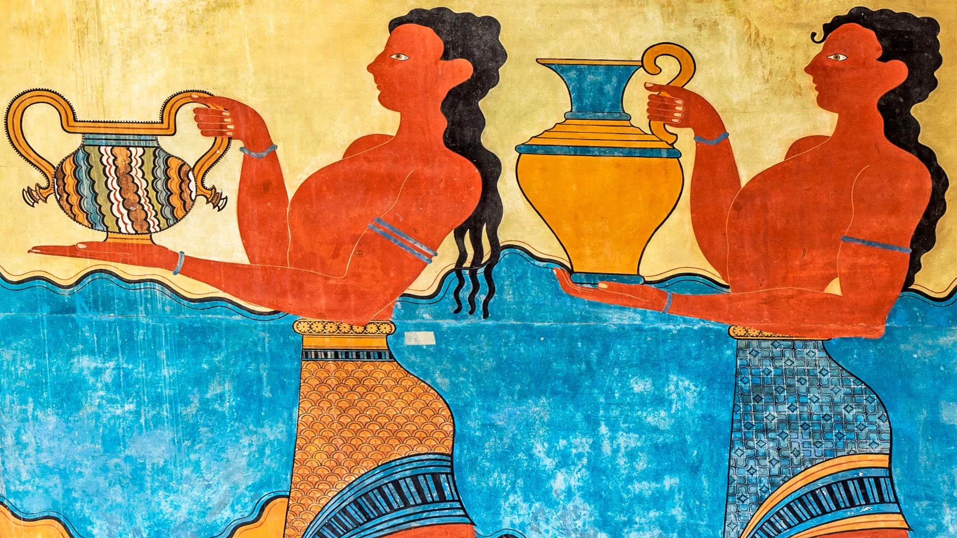 Detail van de processie fresco in Knossos Palace, Kreta, Griekenland