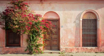 Couleur locale, steenrood huis met bloemen en oude deur