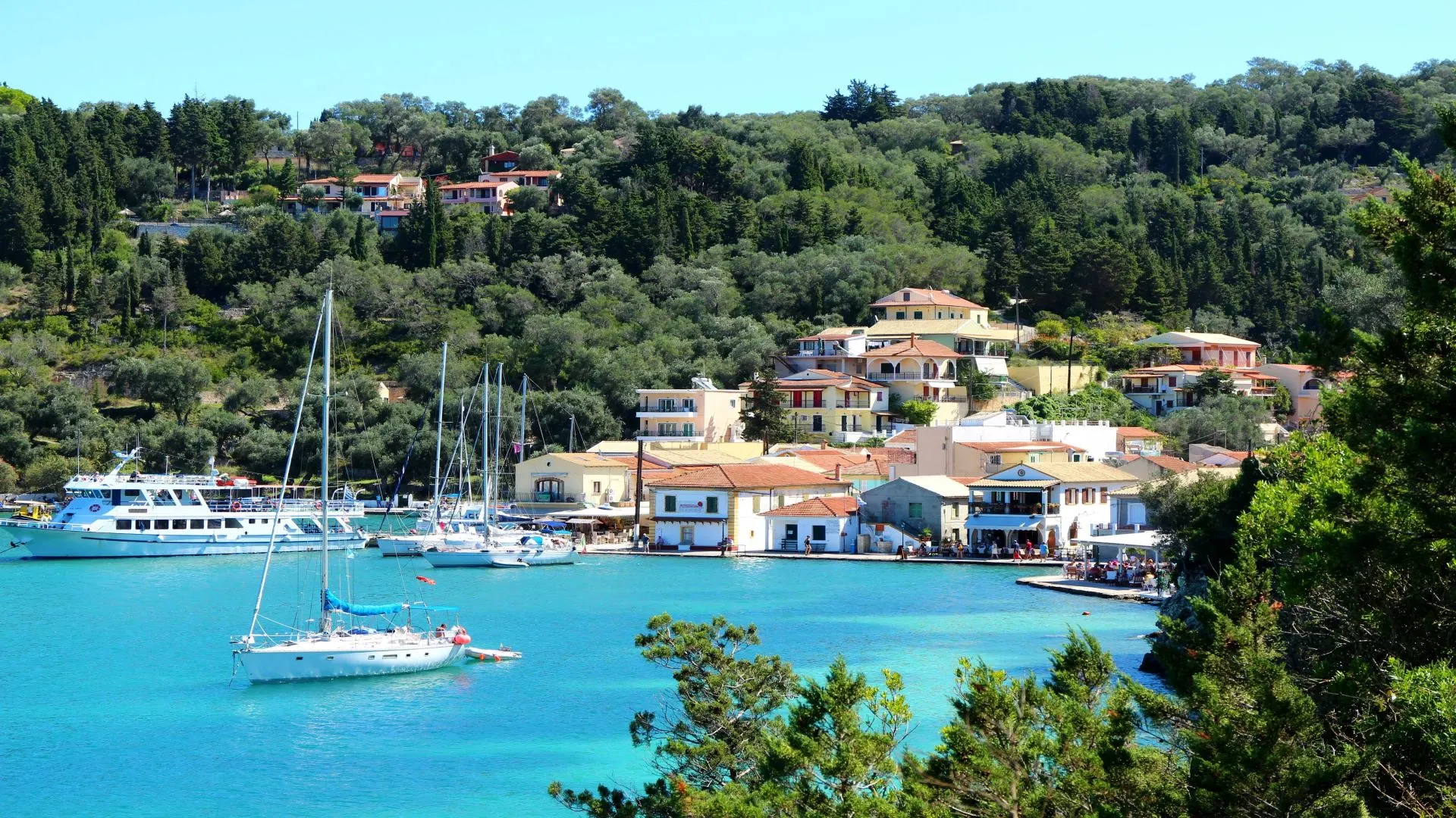 Lakka, Paxos, Griekenland, blauw water met bootjes, huisjes en groene bomen op heuvel