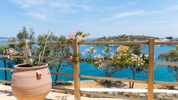 Uitzicht over zee met bloemen op de voorgrond bij Allotina Houses, Sapsila Bay, Patmos, Griekenland