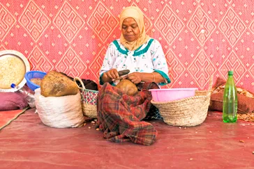 Ourika Valley, vrouw aan het werk in coöperatie voor fabricage van arganolie