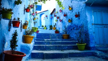 Blauw straatje met gekleurde potten, Chefchaouen Marokko