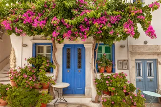 Blauwe deur met bloemen op Tinos Griekenland