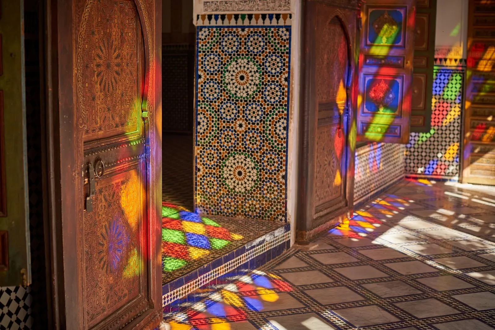 &Olives_Morocco_Beutifuly decorated walls and floors with the traditional Morroccan mosaic. Bahia Palace, Marrakesh