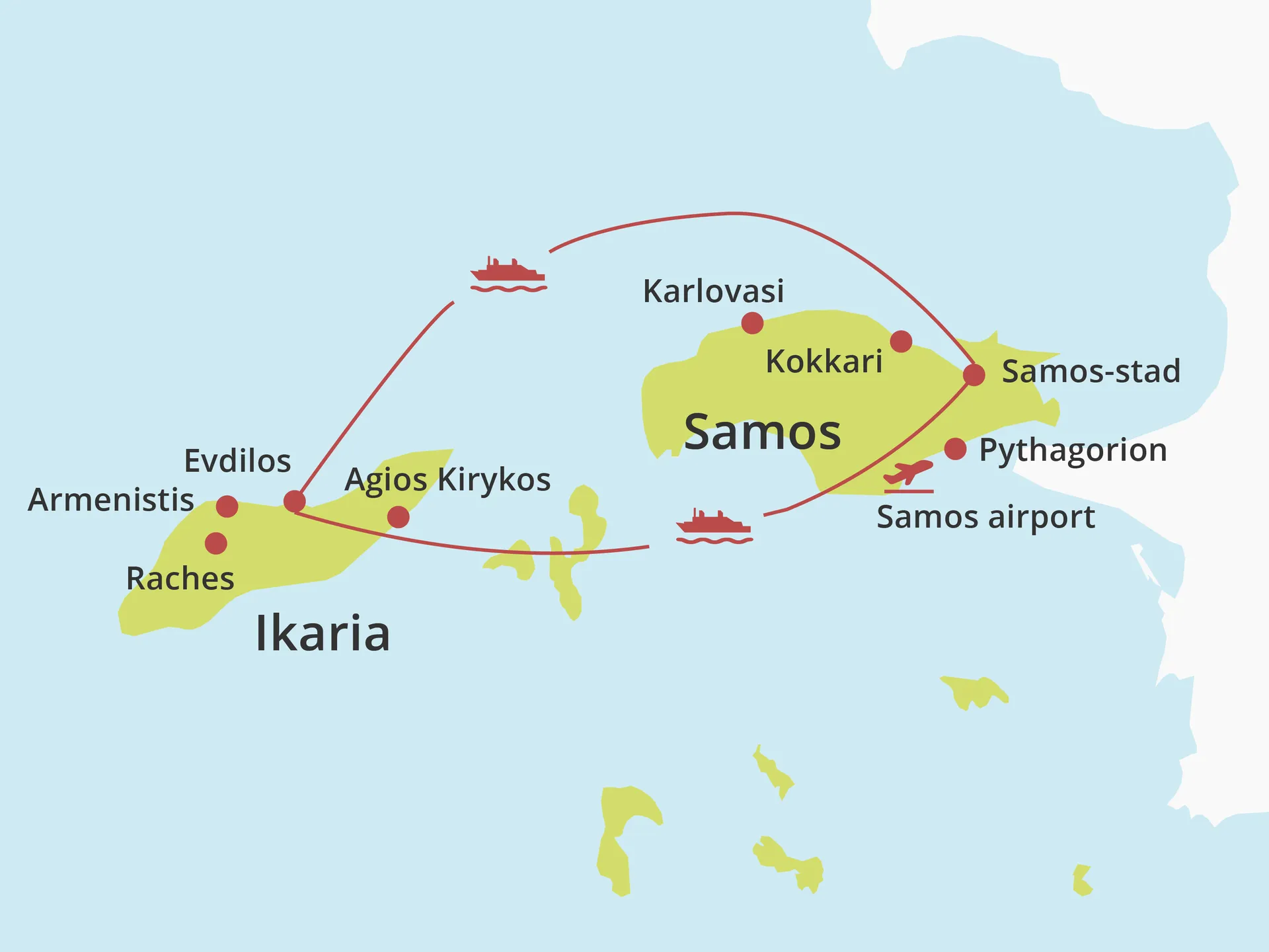 Kaart eilandhoppen Ikaria - Samos