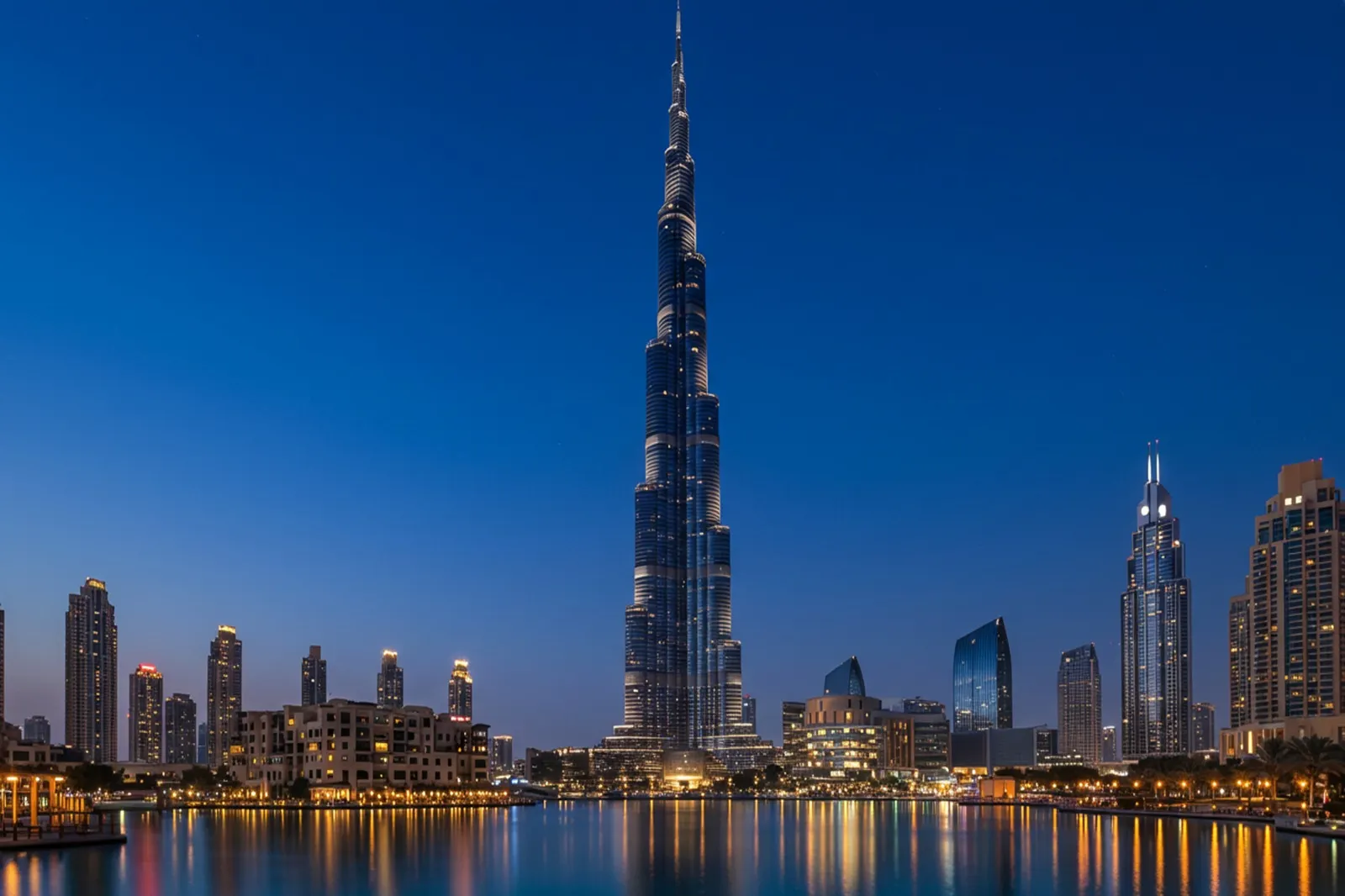 Panoramic view of Burj Khalifa at twilight rising above modern skyscrapers, Dubai UAE