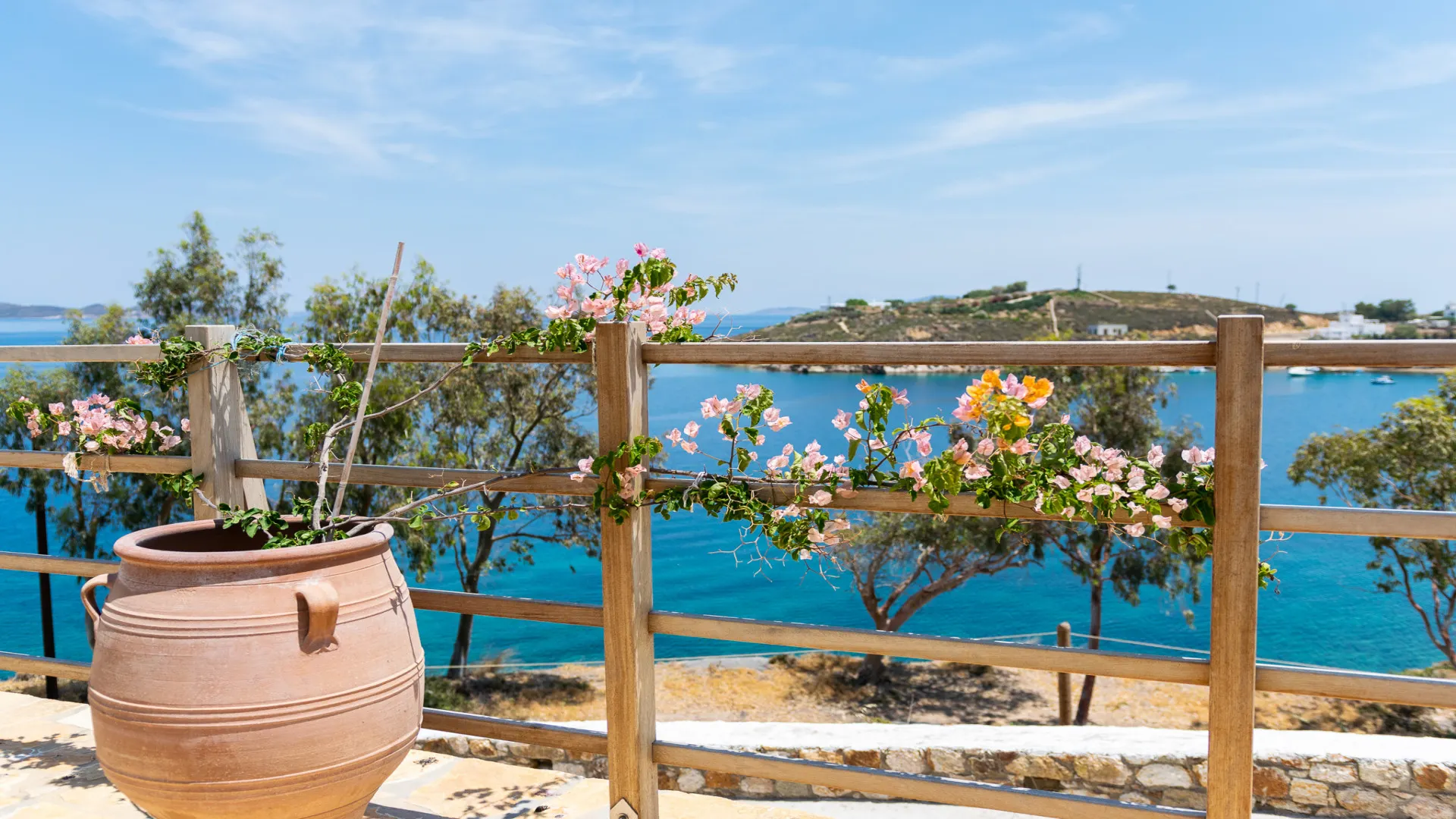 Uitzicht over zee met bloemen op de voorgrond bij Allotina Houses, Sapsila Bay, Patmos, Griekenland