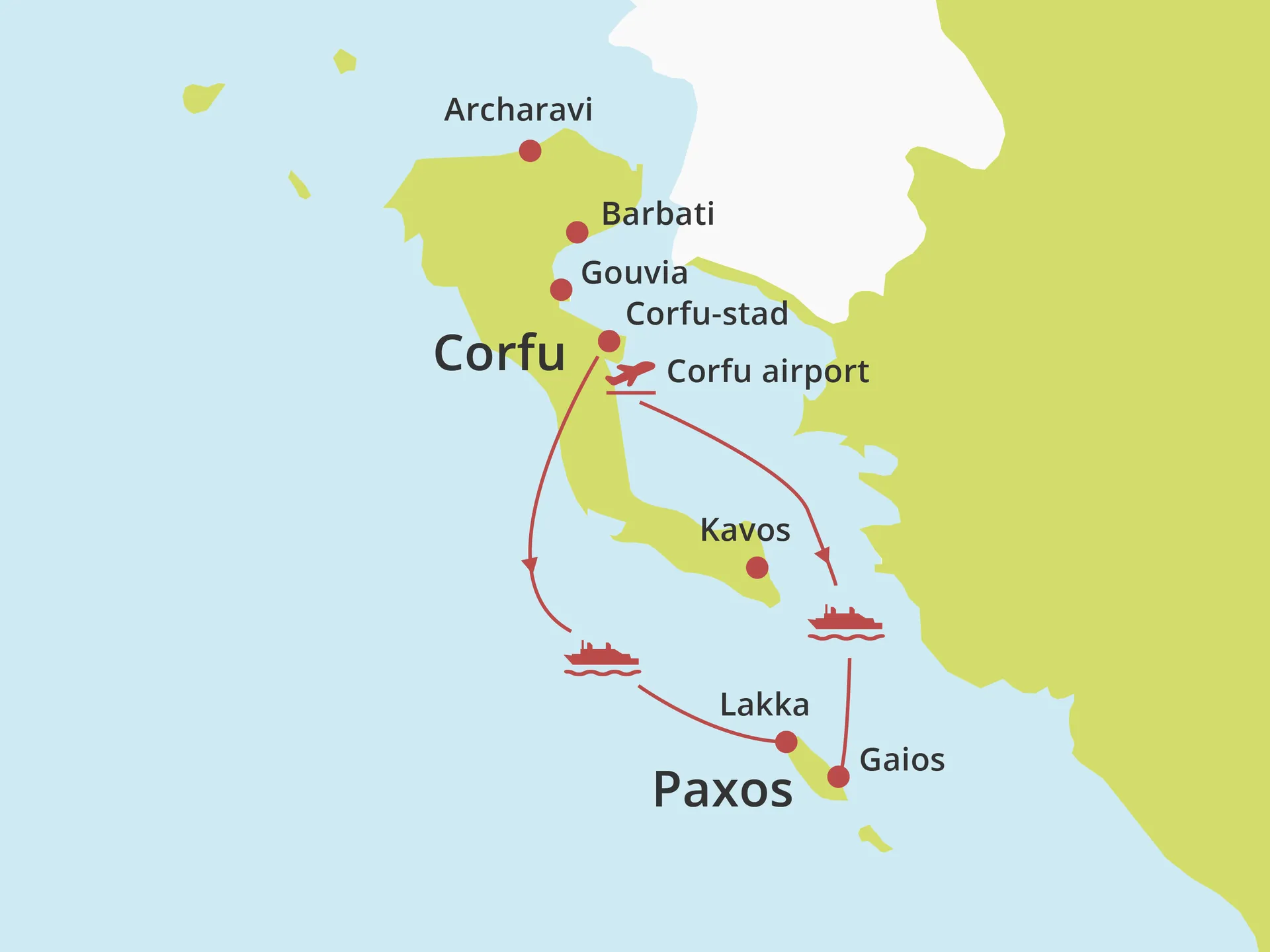 Kaart eilandhoppen 8 dagen Corfu-Paxos 