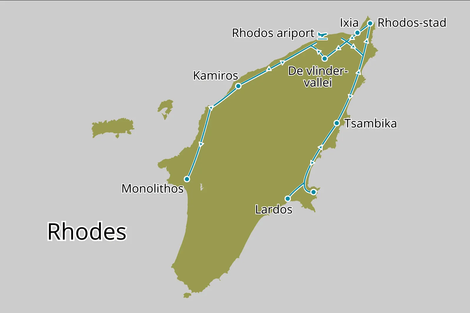 Fly-drive Rhodos East meets West - Route