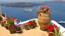 Terras met bloempotten en uitzicht op zee met schip, Santorini, Griekenland